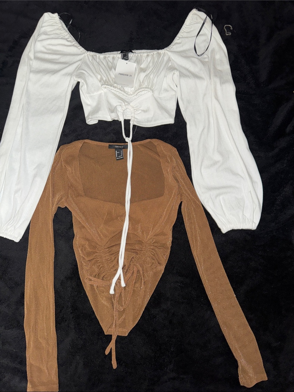Forever 21 White Off-Shoulder Cropped Top & Brown Ruched Long-Sleeve Crop